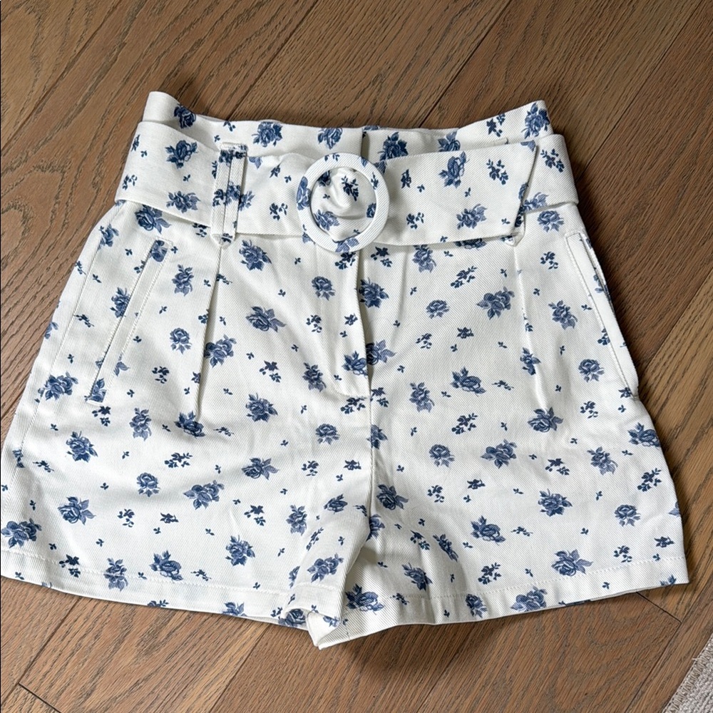 Sezane High Waist Blue and White Floral Shorts